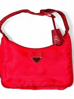 Prada Red Nylon Shoulder Bag with Logo Tag